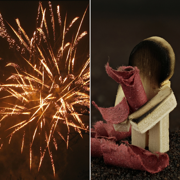 Afbeelding met twee delen. Aan de linkerkant vuurwerk en aan de rechterkant een houten poppetje dat beschadigd is door vuurwerk.