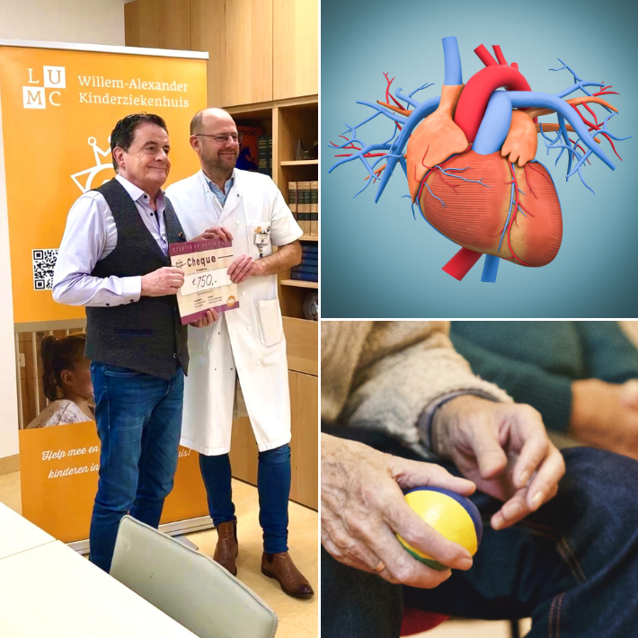 Collage van uitreiking van de cheque aan het kinderziekenhuis, een model van het hart en een oudere met een bal in een hand.