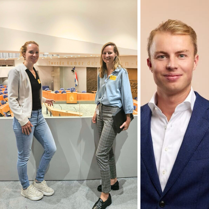 Links: Merel Lambregts en Annette Westgeest in de tweede kamer, rechts: tweede kamerlid Julian Bushoff Links: Merel Lambregts en Annette Westgeest in de tweede kamer, rechts: tweede kamerlid Julian Bushoff