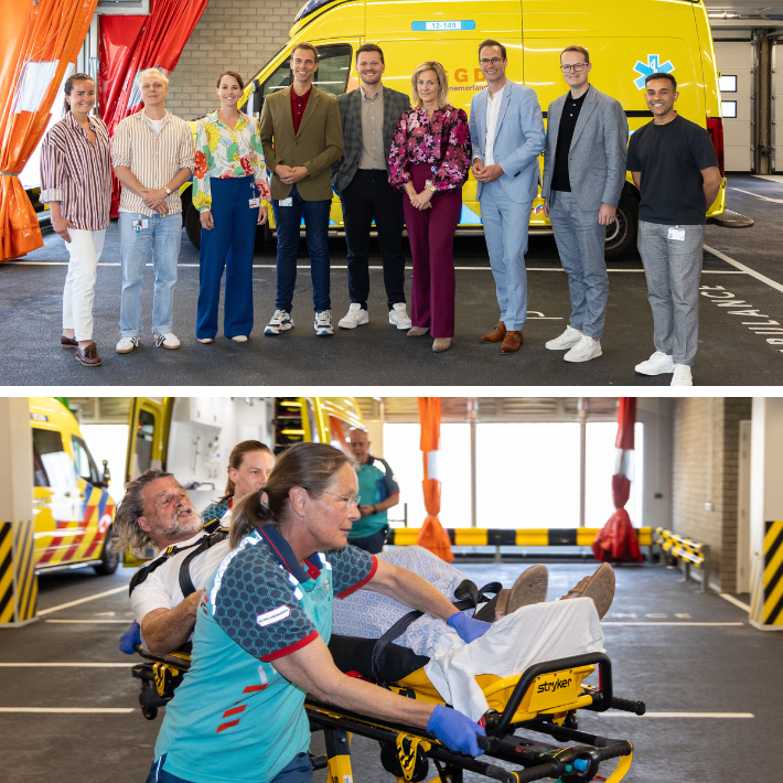 Collage met boven foto van groepsbezoek en onder foto van demo op de Spoedeisende Hulp. Collage met boven foto van groepsbezoek en onder foto van demo op de Spoedeisende Hulp.