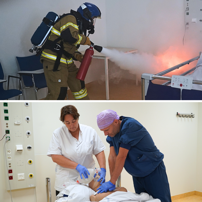 Foto boven: brand wordt geblust, foto onder: reanimatieles Foto boven: brand wordt geblust, foto onder: reanimatieles